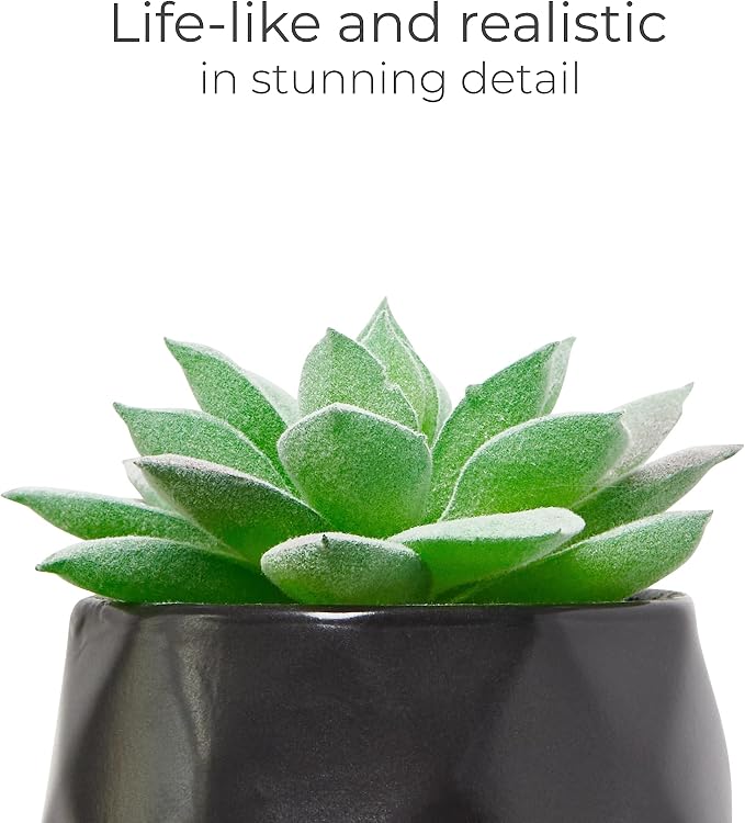 Nordik Set of 4 Desk Plants - Geometric Round Black Pots - Perfect for Bathroom, Bedroom Decor Aesthetic - Ceramic Fake Plant for Office or Living Room Decor - Ideal for Women
