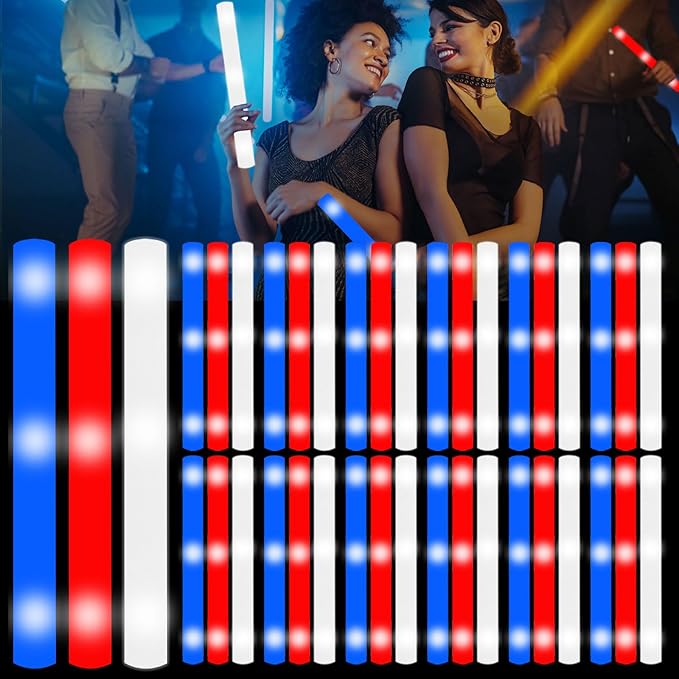 48Pack LED Glow Foam Sticks Bulk,Light Up Glow Sticks with 3 Flashing Modes,Glow Wands Party Pack,Glow In The Dark Party Supplies for July 4th, Wedding,Birthday,Concert(RedBlueWhite)