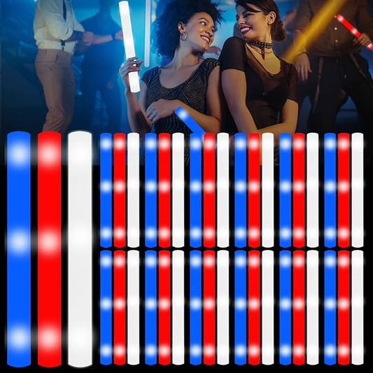 48Pack LED Glow Foam Sticks Bulk,Light Up Glow Sticks with 3 Flashing Modes,Glow Wands Party Pack,Glow In The Dark Party Supplies for July 4th, Wedding,Birthday,Concert(RedBlueWhite)