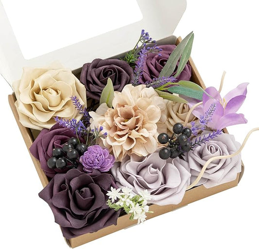 Ling's moment Fake Flowers Box, Artificial Faux Greenery Stems Silk Orchid Foam Rose for Wedding Bouquets Centerpieces Table Decorations Backyard Floral Arrangement, Lavender & Plum, Mini Combo