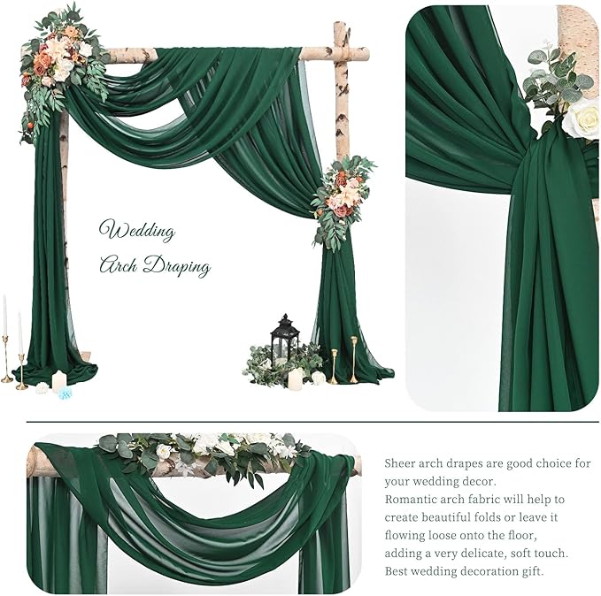 Wedding Arch Draping Fabric,4 Panels 28" x18ft Emerald Green Wedding Arch Drapes for Ceremony Sheer Chiffon Fabric Drapes Arbor Drapery Decorations for Reception Party