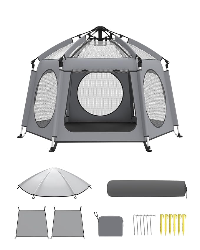 Pop Up Baby Play Pen with Auto-Lock & Aluminum Frame | Instant Setup Portable & Foldable Playpen with Carry Bag, Outdoor Baby Tent with Canopy for Beach, Backyard, Travel & Camping