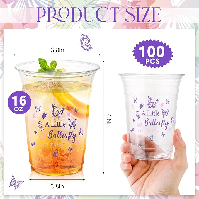 100 Pcs Plastic Butterfly Cups 16 oz Disposable Clear Plastic Cups Butterfly Party Cup Bulk for Birthday Baby Shower Girls Tea Party Supplies