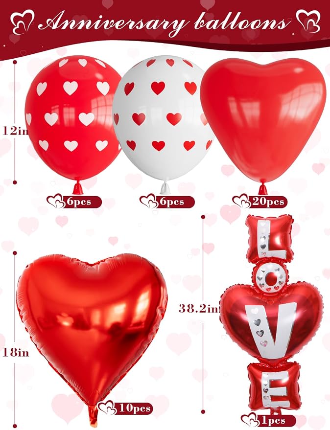 Happy Anniversary Decorations Set, Red Heart Balloons with Love Foil Balloons, Happy Anniversary Balloon Banner and Silk Rose Petals for Romantic Valentine's Day & Sweetest Day Supplies