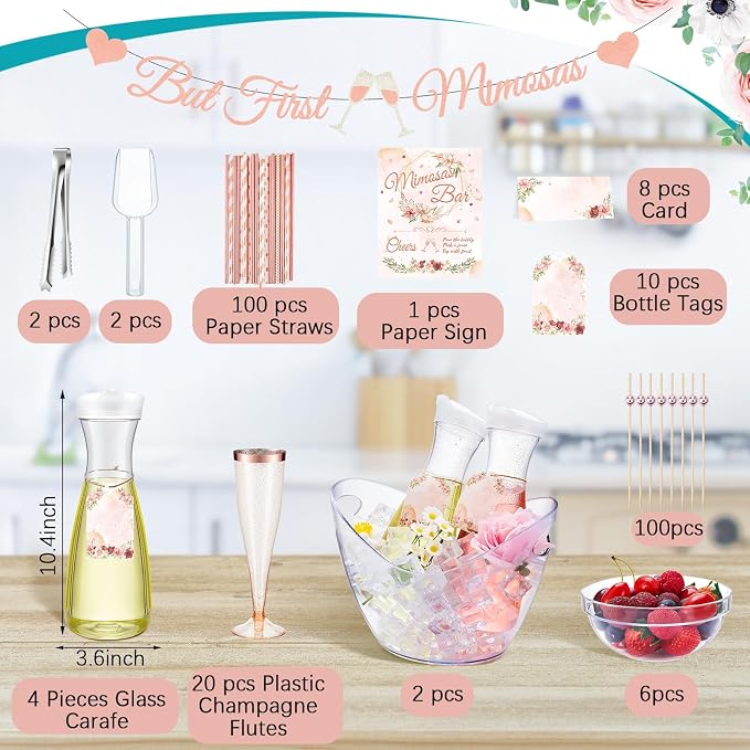 Pickmesh 237 Pcs Mimosa Bar Set up Supplies Kit - 2 Acrylic Beverage Tubs, 4 Carafes, 6 Bowls, 20 Champagne Flutes, 100 Straws & Picks, Banner, Mimosa Bar Gift Ideas for Bridal Shower Decoration