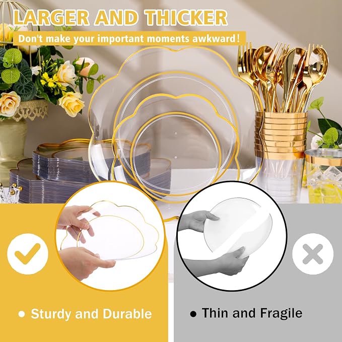 ejonirinjonir EI 180pcs Clear Plastic Plates with Gold Plastic Silverware, Plate for Party,Clear Dinnerware Set,Heavy Duty Plate for Wedding,Afternoon Tea,Spring,Mother's Day,Valentine's Day,Easter