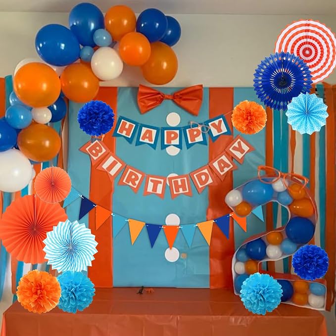 Blue and Orange Party Decorations Set Kids Birthday Paper Fan Tissue Pom Poms Streamers Theme Party Supplies Tassel Garland Banner Blue Orange Party Supplies