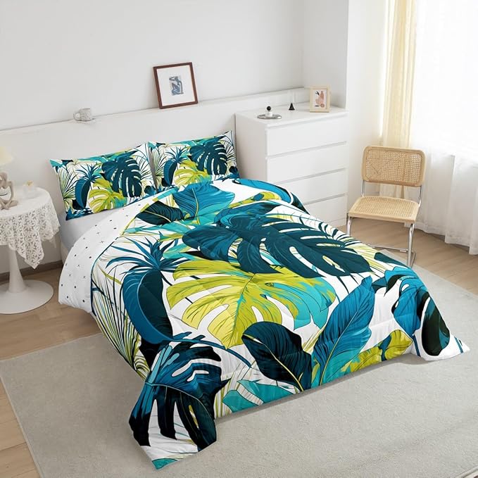 jejeloiu Palm Leaf Comforter Set Full Size Kids Tropical Leaves Bedding Set for Boys Girls Summer Boho Botanical Branches Nature Theme Duvet Quilt Room Decor