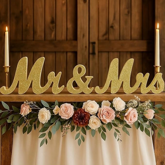 Mr & Mrs Sign for Wedding Table, Wedding Decorations for Reception, Large Wooden Letters Centerpieces Decor for Sweetheart Table, Ceremony, Anniversary, Party and Valentine's Day(Golden)