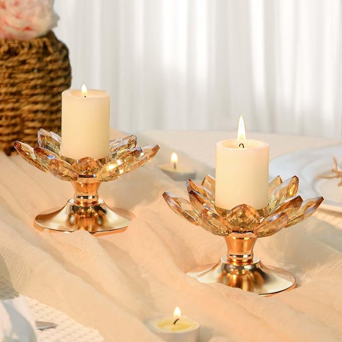 4 PCS Gold Crystal Flower Tea Light Holder, Glass Tealight Candlestick with Metal Base, Votive Candle for Table Centerpiece, Wedding/Parties Decor, Nice Gift