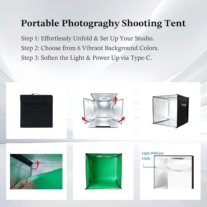 20"x20" Photo Studio Light Box with 35W Type-C Power Adapter, 300 LEDs 3 Color Temp CRI 95+ Professional Photography Box, 6 PVC Backdrops Dimmable Photo Booth for Jewelry Reflective Glass