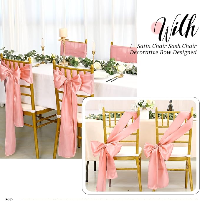 Pesonlook 60 PCS Rose Gold Satin Chair Sashes Bows,Satin Chair Sashes Universal Chair Cover for Wedding Reception Restaurant Event Decoration Banquet,Party,Hotel Event Decorations (7 x 108 inch)