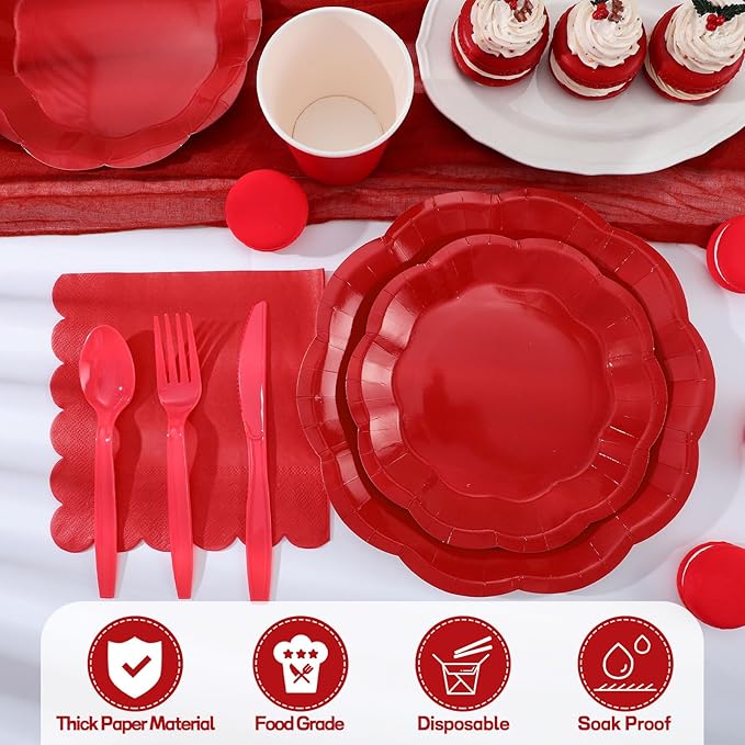 NatNarr 175 Pcs Red Paper Plates and Napkins Set Include 9" Dinner Plates, 7" Dessert Plate Disposable Scalloped Tableware Serve 25 Guest for Wedding Baby Shower Bridal Shower Birthday Mother's Day