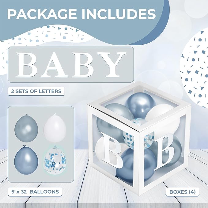 44-Piece Baby Shower Decorations for Boy or Girl - 4 Boxes with Letters and 32 Balloons - Dusty Blue and White (Boho Aesthetic) - Gender Reveal Party Supplies - Photo Shoot Backdrop