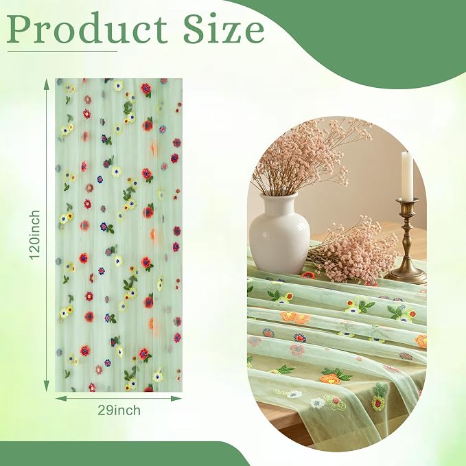 BINBE 3pcs Daisy Spring Table Runner Embroidery Gauze 10FT Florals Seasonal Tulle Holiday Birthday Kitchen Dining Table Decor for Home Party Sage Green