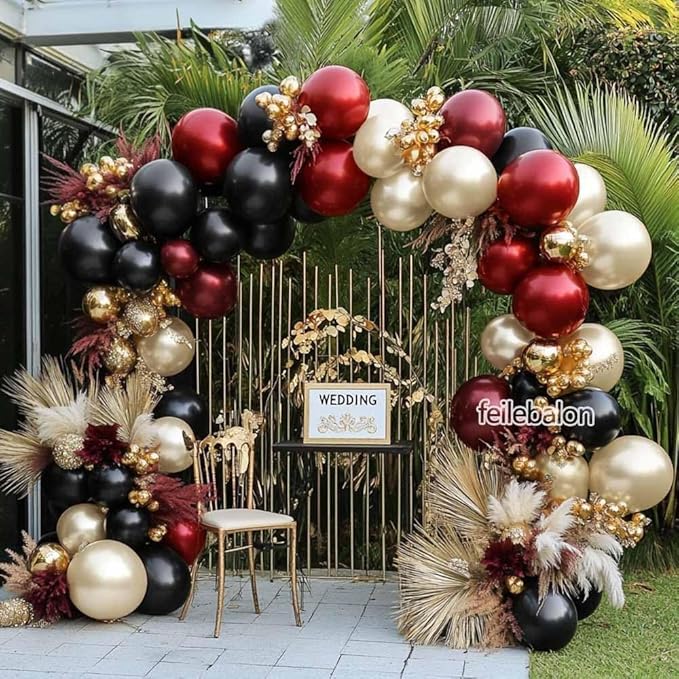 Burgundy Black Balloon Arch Kit Double Stuffed Maroon Dark Red Wine Pearl White Sand Gold Balloon Garland for Birthday Mothers Day Anniversary Graduation Hollywood Bridal Shower Party Decoration