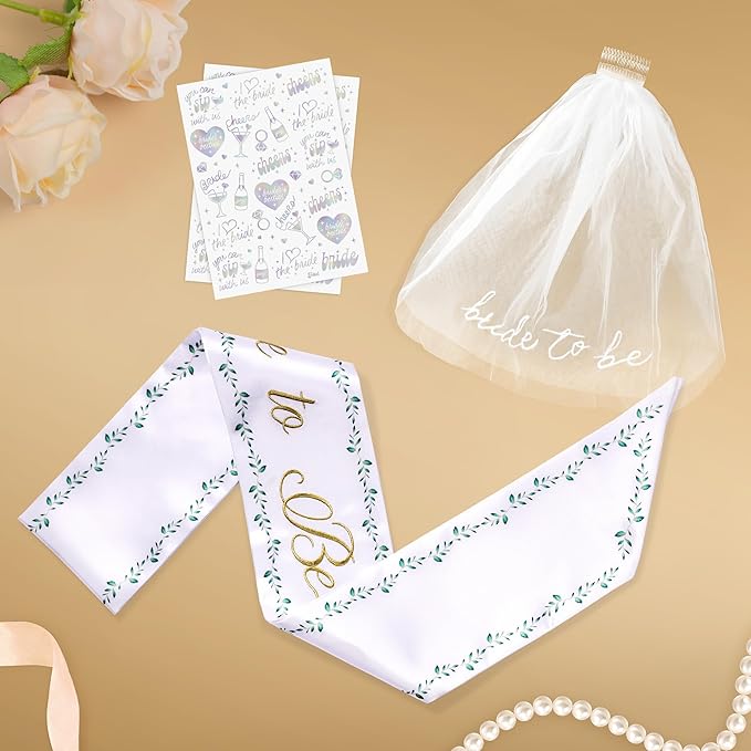 Luxury Bride to Be Sash Set – Embroidered Sash with Colored Trim, Embroidered Veil & Temporary Tattoos – Bridal Shower Hen Night Bachelorette Party Accessories