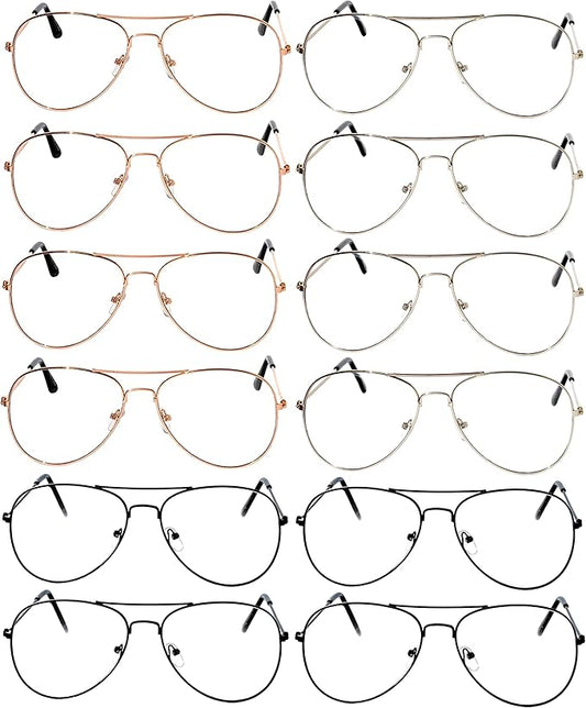 OWL 12 Pack Bulk Aviator Sunglasses Metal Gold, Silver, Black Frame for Men Women Party Glasses