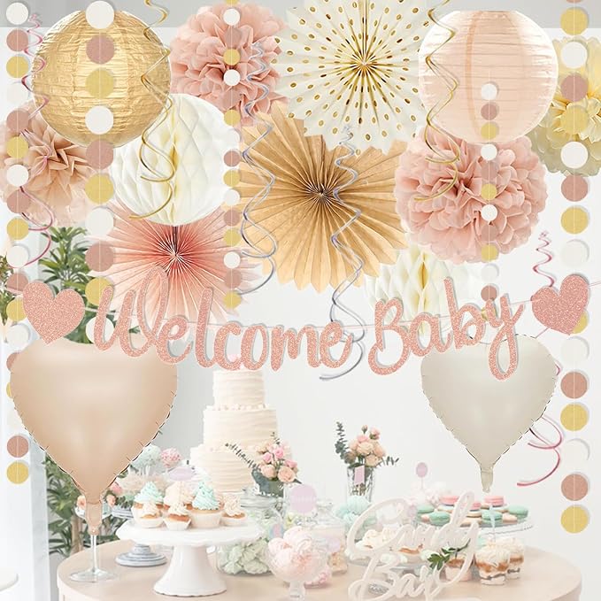 Champagne-Gold Baby Shower Decorations For Girl,65pcs Beige Fall Boho Party Décor with Netural Balloon,Welcome Banner,Sweet Peach Paper Fan Lanterns Pom Poms,Baby-Girl Party Favors Rustic Backdrop