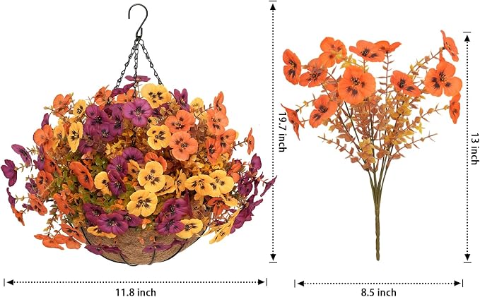2 Set Artificial Fall Hanging Flower Baskets for Outdoor Autumn Decor, 2 Fall Hanging Baskets with 24Pcs Silk Fake Mums Plants for Front Porch Garden Patio Balcony Yard Home Decoration