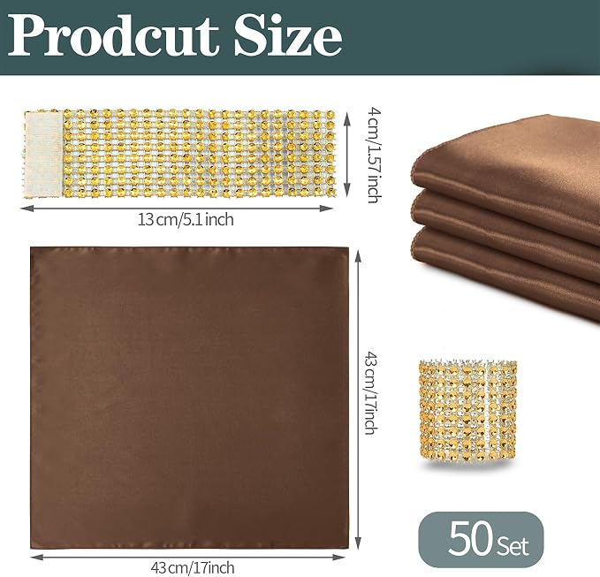 RUDONG M 100 Pcs Chocolate Brown Satin Napkins and Napkin Rings Set, 17 x 17 Inch Square Cloth Napkins Set of 50, Silky Soft Table Napkins Bulk for Weddings, Banquet, Parties Dinner Decoration