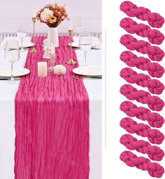 Showgeous 10 Pack Hot Pink Cheesecloth Table Runner, 10FT Long Semi-Sheer Boho or Rustic Gauze Table Runner Wedding Table Decor for Wedding Decor Arch Draping Bridal Shower Holiday Party