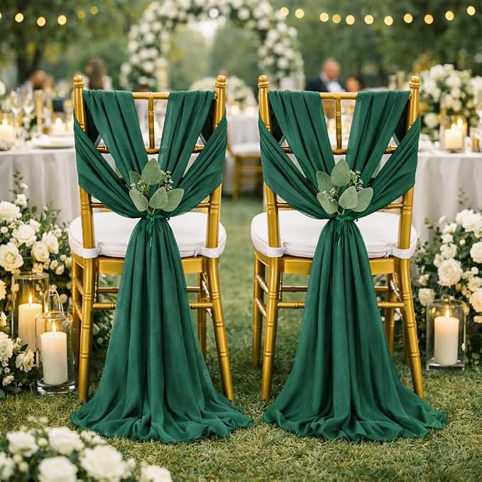 QueenDream Emerald Green Chair Sashes Wedding Aisle Decorations: 24 Packs 8ft Long Draping Fabric Sheer Church Chair Cover Bulk for Party Banquet