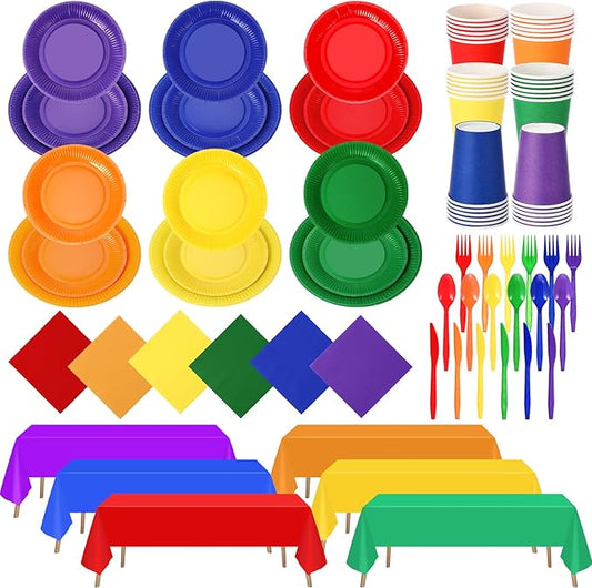 Tegeme 258 Pcs Rainbow Party Supplies Serves 36 Guests Include Colorful Paper Plates Cups Napkins Plastic Forks Knives Spoons Tablecloths Disposable Dinnerware Set for Neon Rainbow Birthday Party