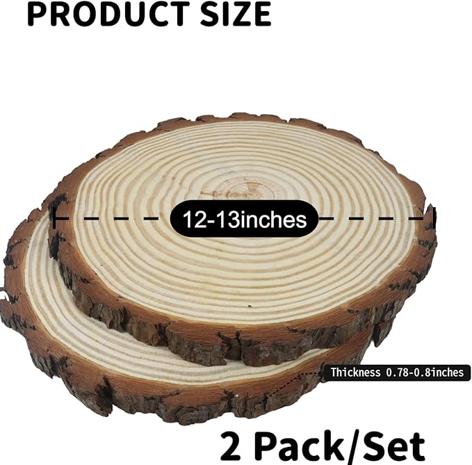 Large Wood Slices for Table Centerpieces, Natural Rustic Round, 12-13 Inch Diameter, Wedding Decor, Set of 2