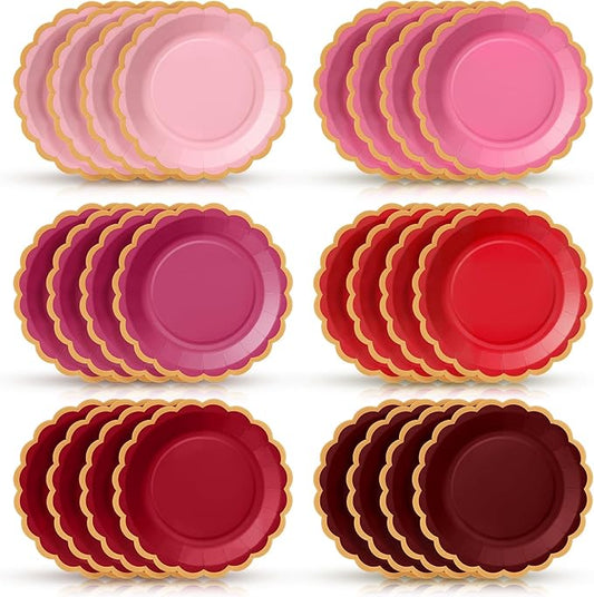 48 Pcs Valentine's Day Paper Plates 9 Inch Gradient Red Pink Scalloped Paper Plates Disposable Dinner Dessert for Valentine Anniversary Birthday Wedding Party Supplies, 6 Colors