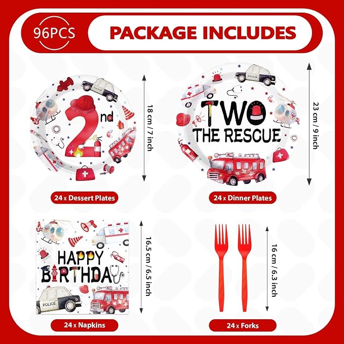 Grencian 96Pcs Two the Rescue Birthday Decorations Emergency Vehicle Theme Plates and Napkins Fire Truck Tableware Ambulance Dinnerware for Kid Emergency Vehicle 2 Years Old Birthday Party Decorations