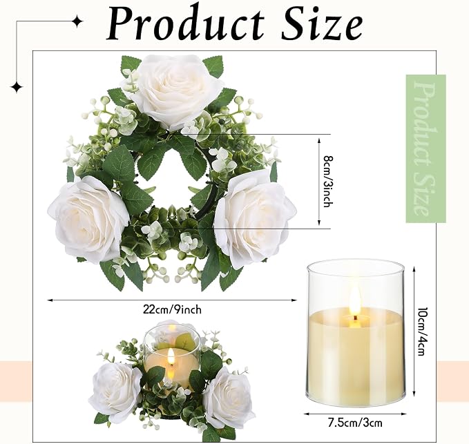 Yunlly 12 Pcs Rose Candle Rings with Flameless Candles Sets, Artificial Flower Eucalyptus Wedding Centerpiece 3 Inch Pillar Candleholders Wreaths for Wedding Party Mother's Day (White)