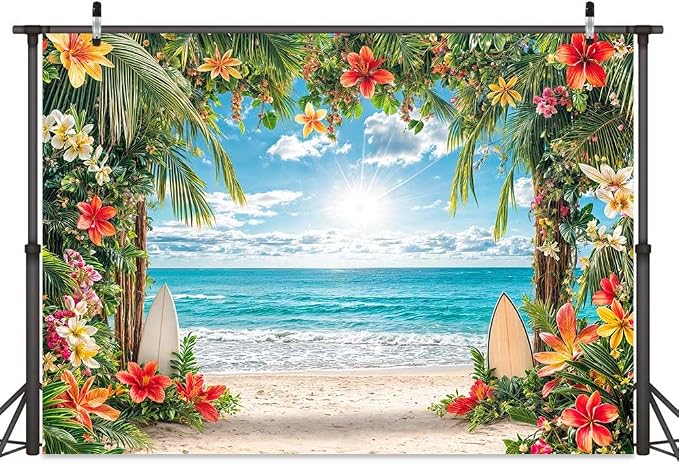9x6ft Summer Hawaiian Beach Backdrop Tropical Blue Sky Ocean Flower Palm Leaves Surfboard Photography Background for Luau Aloha Wedding Baby Birthday Party Decoration Banner Picture Photo Booth
