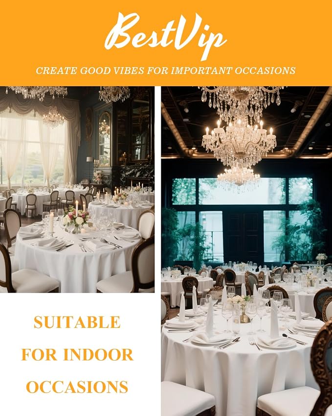 BESTVIP 6 Pack 90" White Washable Round Polyester Fabric Tablecloths | Fits 36"-66" Tables | Polyester Washable Fabric for Wedding Party Dining Banquet, Events, Holiday, Restaurant