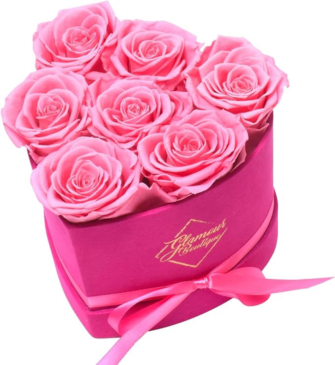 GLAMOUR BOUTIQUE 7 Flower Forever Heart Shape Box, Mothers Day Gift For Mom, Eternal Preserved Roses Gift for Her, Flowers bouquet, For Birthday, Anniversary, Girlfriend - Velvet Pink (Color-Treated)