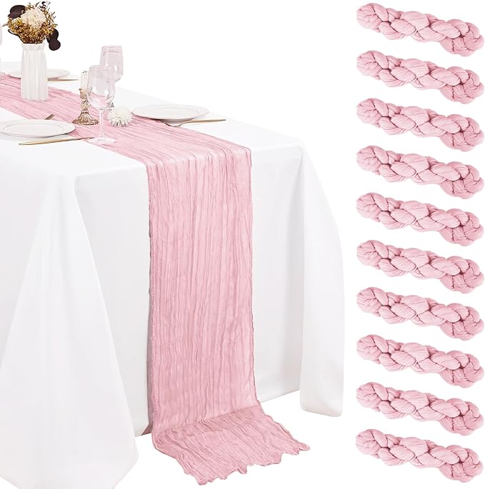 10 Pack Pink Cheesecloth Table Runner 10FT Boho Gauze Fabric Cheese Cloth Table Runners for Wedding ,Party,Baby Shower, Bridal Party, Rustic Farmhouse and Table Decorations