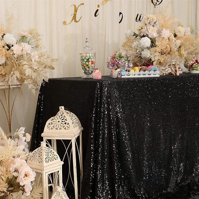 Eternal Beauty Black Tablecloth, 60x120 Inch Sequin Rectangle Table Cover for Cake Dessert Exhibition Party Birthday Events