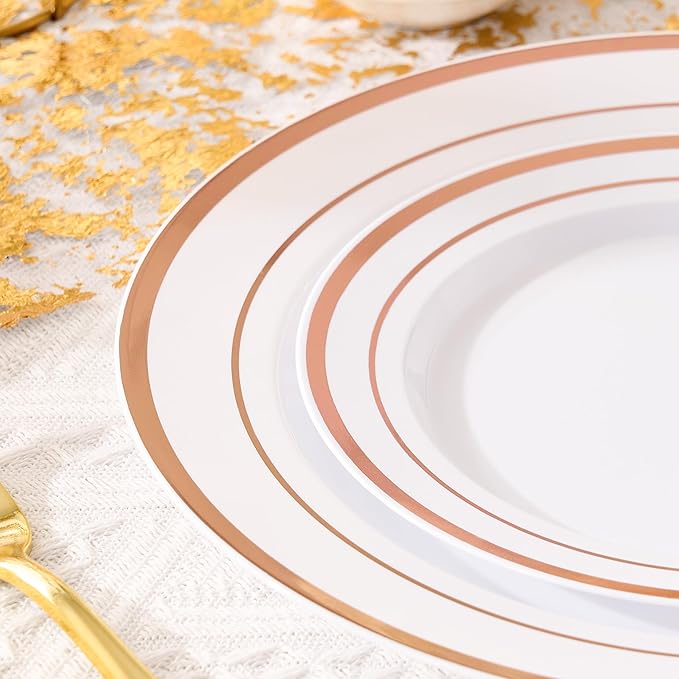Fijinhom 100PCS Rose Gold Plastic Plates, Disposable Plates with 50PCS 10" Dinner Plates & 50PCS 7" Dessert Plates for 50 Guests, Plastic Party Plates for Wedding, Birthday, Rose Gold