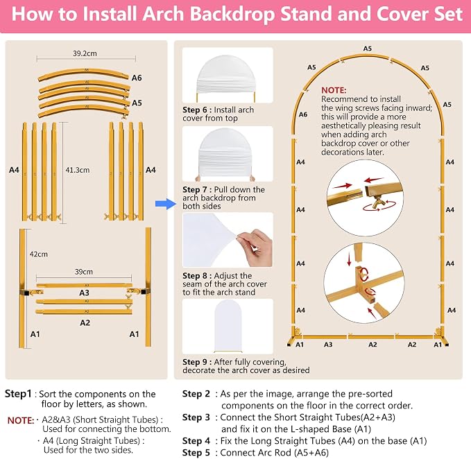 Metal Arch Backdrop Stand and Cover Set, 7.2FT Gold Wedding Backdrop Arch Frame Stand with Cover, Balloon Arch Stand with White Arch Cover for Party Birthday Baby Shower Graduation Decorations