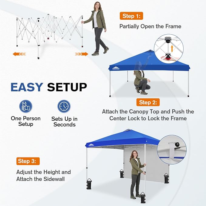 EAGLE PEAK Commercial Canopy 10x10 Pop Up Canopy Tent with 1 Sidewall, Easy Setup Heavy Duty Instant Event Shelter for Vendors & Markets, Outdoor Sun Shade, Blue