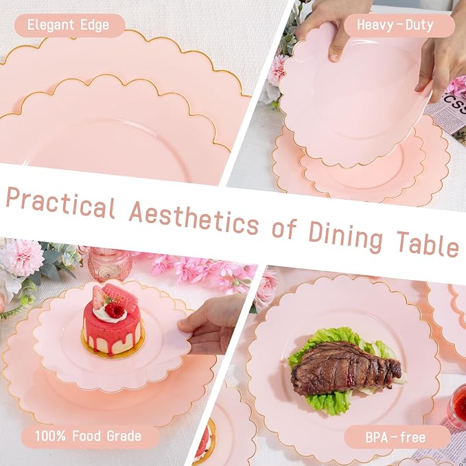 LIYH 120 Pcs Pink Plastic Plates Disposable Set Includes 60 Dinner Plate 10.25" & 60 Dessert Plate 7.5" with Elegant Gold Rim for Party Birthday Baby Shower