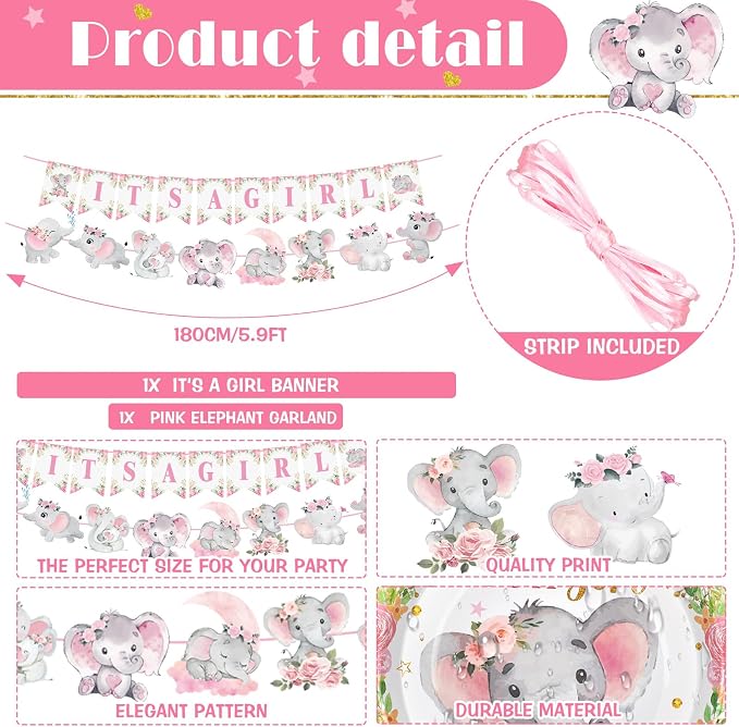 405 Pcs Pink Elephant Style Baby Shower Decorations for Girl, It's a Girl Tableware Set Baby Shower Plates Napkins Cup Cutlery, Pink Elephant Party Supplies with Tablecloth, Serves 50 Guests