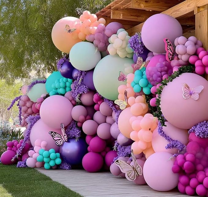 Pastel Purple Pink Balloons Lavender Teal Balloon Garland Metallic Lilac Blue Balloons Different Size Green and Orange Balloon Arch Kit For Encanto Birthday Butterfly Baby Shower Princess Party Supply
