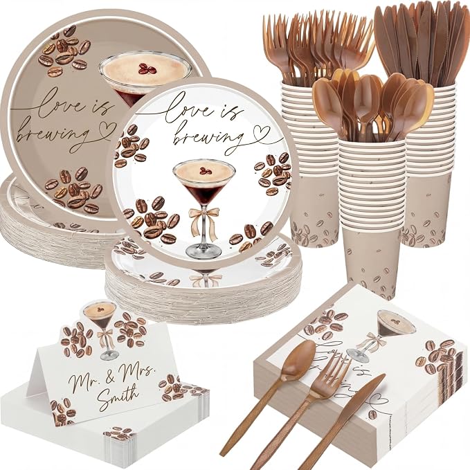 Shellwei 410 Pcs Love Is Brewing Coffee Bridal Shower Party Tableware Set Love Is Brewing Plates Napkins Cups Cutlery for Coffee Lovers Bachelorette Party Decorations Supplies for 50 Guests