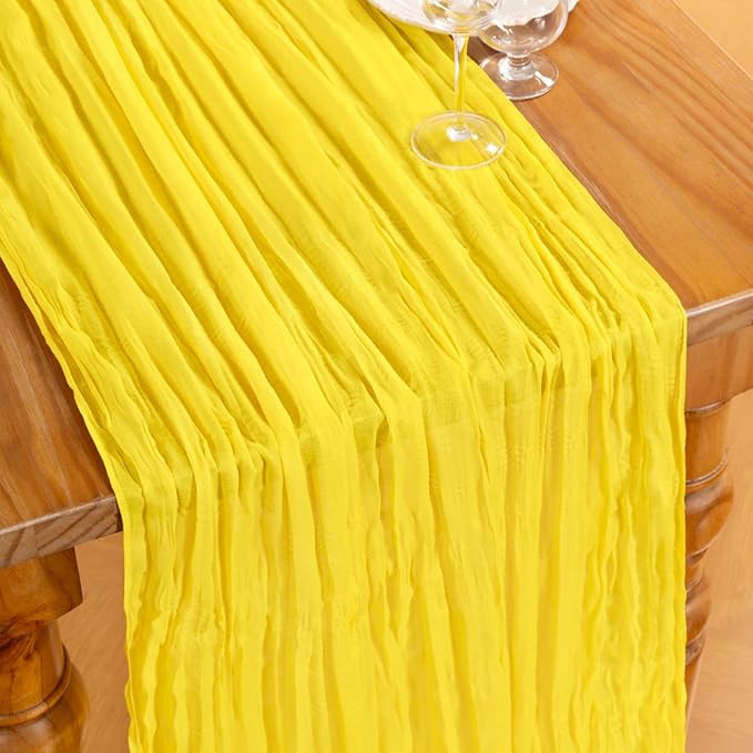 DeZerlor Lemon Yellow Cheesecloth Table Runner 10 Pack Spring Easter Table Runners Boho Gauze 120 Inches Yellow Cheese Cloth Table Decor for Wedding Bridal Baby Shower Parties