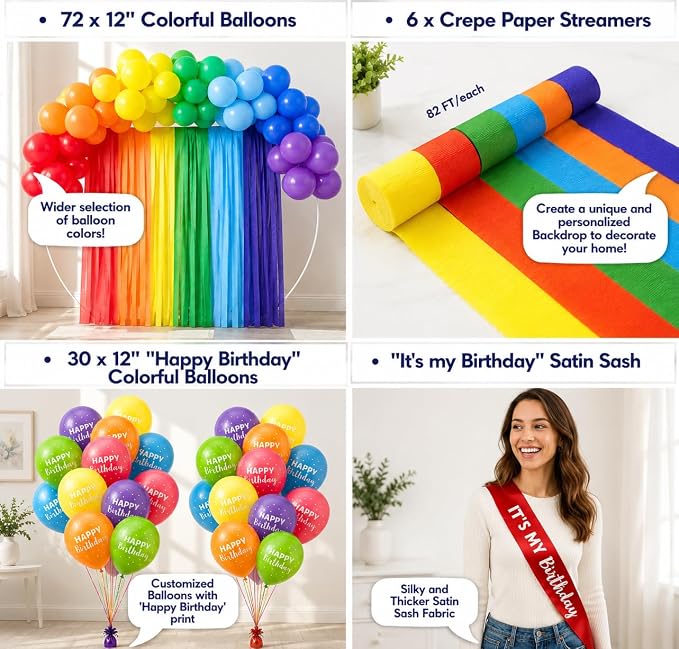 489 Pc Rainbow & Colorful Birthday Party Decorations Kit 25 Guests | Rainbow balloon arch, banner, tableware, cake toppers & sash; reusable, indoor/outdoor party kit for boys & girls, serves 25