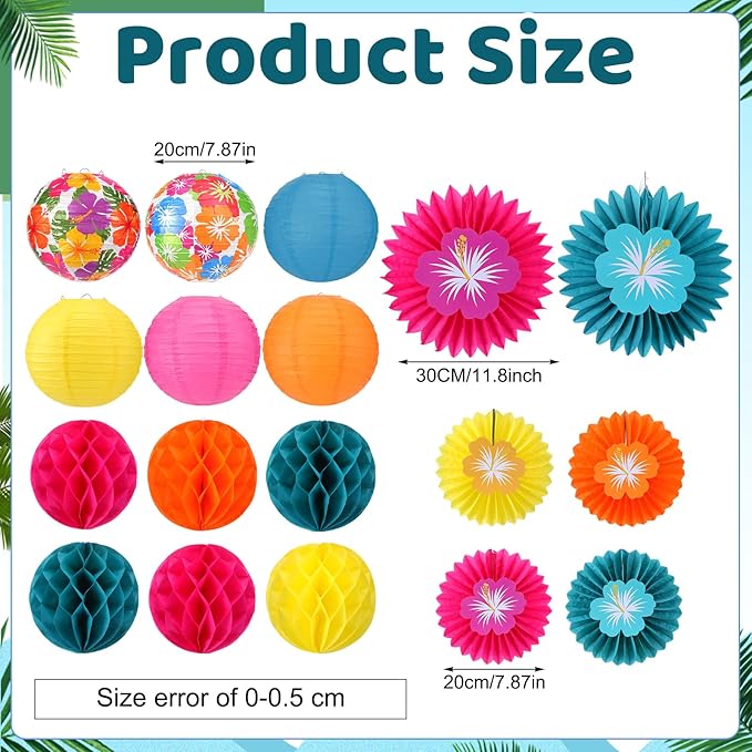 Retisee 18 Pcs Tropical Hibiscus Party Decorations Kit Colorful Hibiscus Flower Paper Lanterns Tropical Flower Hanging Paper Fans Luau Party Hanging Honeycomb Ball for Summer Hawaiian Decor Supplies