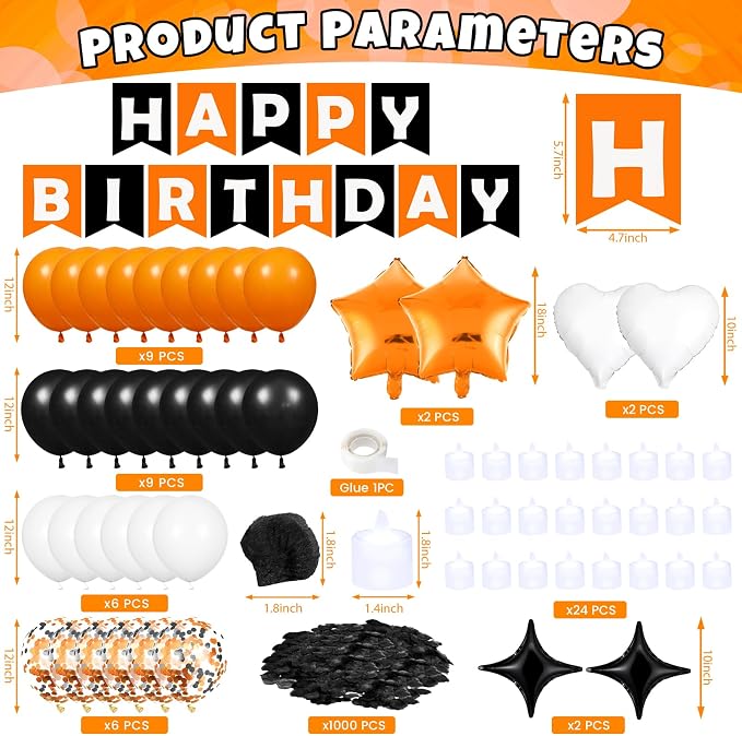 Orange Birthday Balloons Decorations Orange Black and White Halloween Birthday Balloon Letters Banner with 6Pcs Star Balloons Artificial Rose Petal 24 Flameless LED Candles for Halloween Bday Decor
