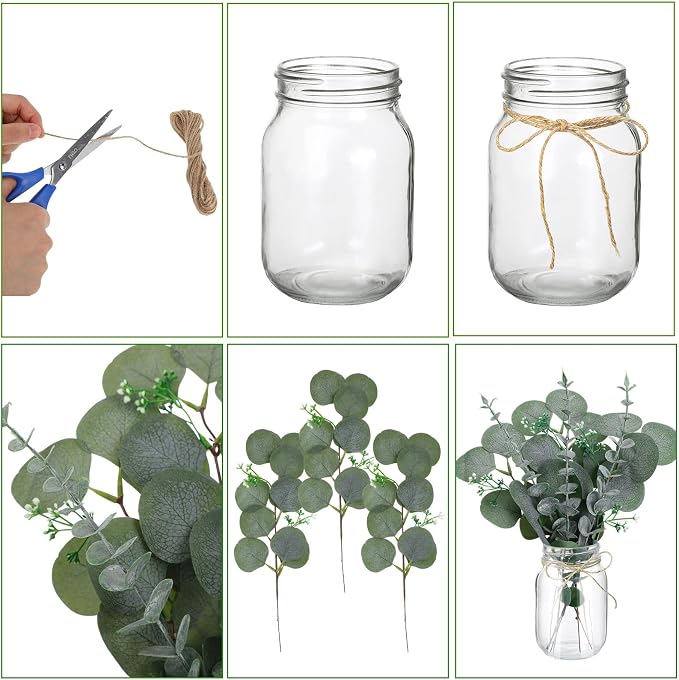 XunYee 10 Set Mason Jar Table Centerpiece with Flower Mason Jar Flower Centerpiece Vases Decor for Engagement Party Bridal Shower Wedding Reception Table Decor(Light Green,Eucalyptus)