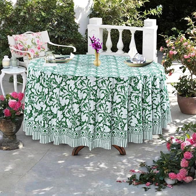 Ridhi Round Tablecloth Hand Block Print 100% Cotton Reusable Pantone Artichoke 120 Inch Table Cover Decorative Everyday Use for Dining, Home, Party, Wedding, Farmhouse Gift for Spring, Mother's Day